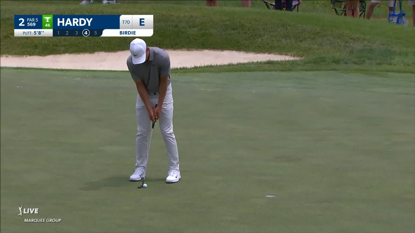 Nick Hardy rolls in a 5-foot putt for birdie at John Deere