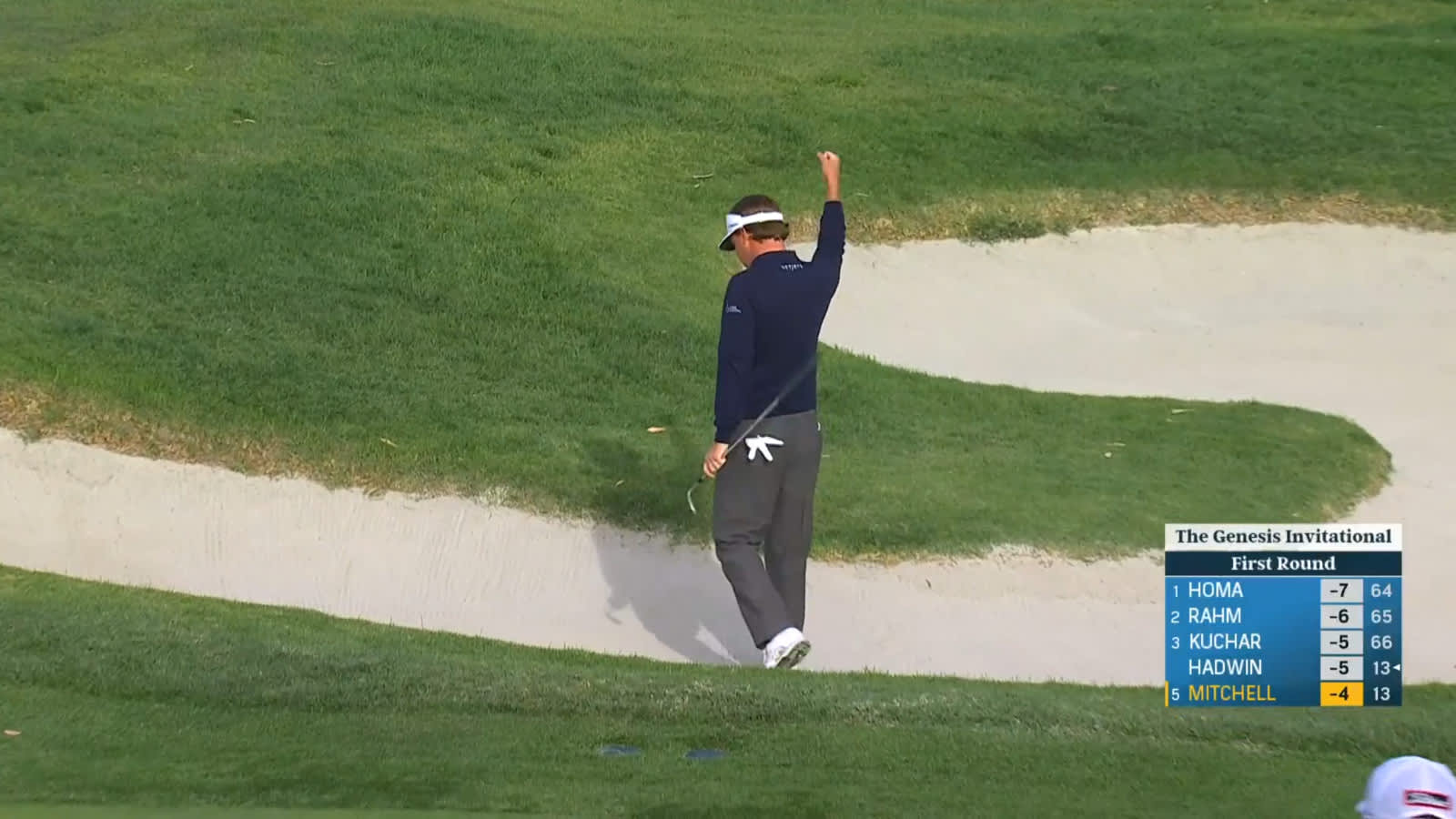 Keith Mitchell holes bunker shot for birdie at Genesis