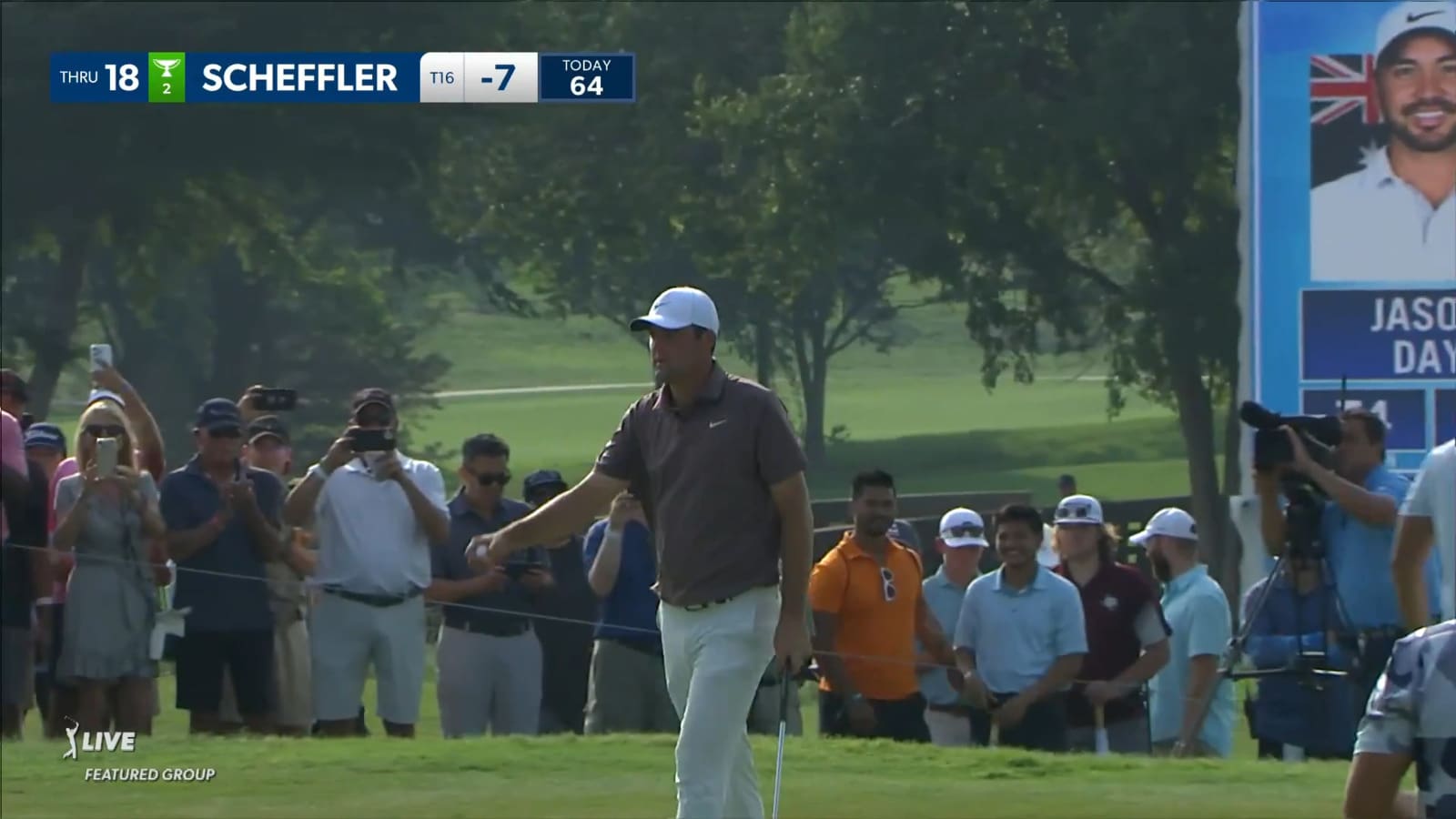 Scottie Scheffler sinks 14-foot eagle on No. 18 at AT&T Byron Nelson