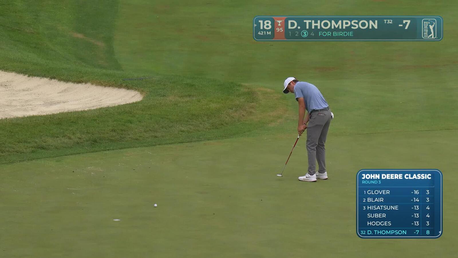 Davis Thompson sinks 17-foot putt for birdie on No. 18 at John Deere