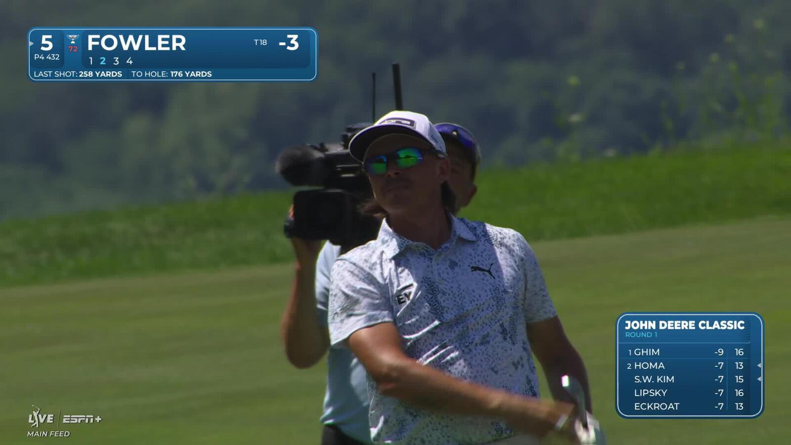 Rickie Fowler holes out for birdie from 35-feet on No. 5 at John Deere