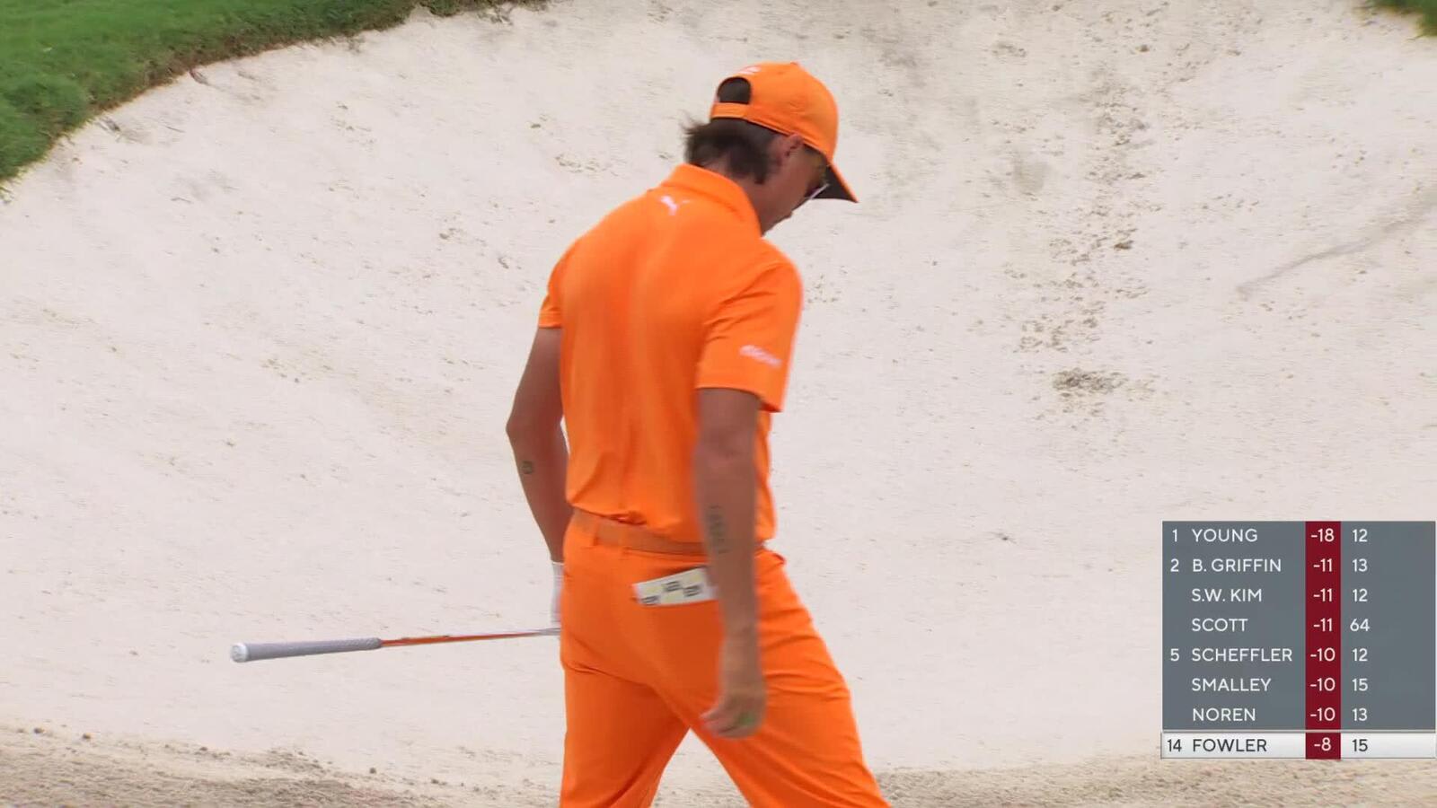 Rickie Fowler gets up-and-down from the bunker for birdie on No. 16 at Cadillac