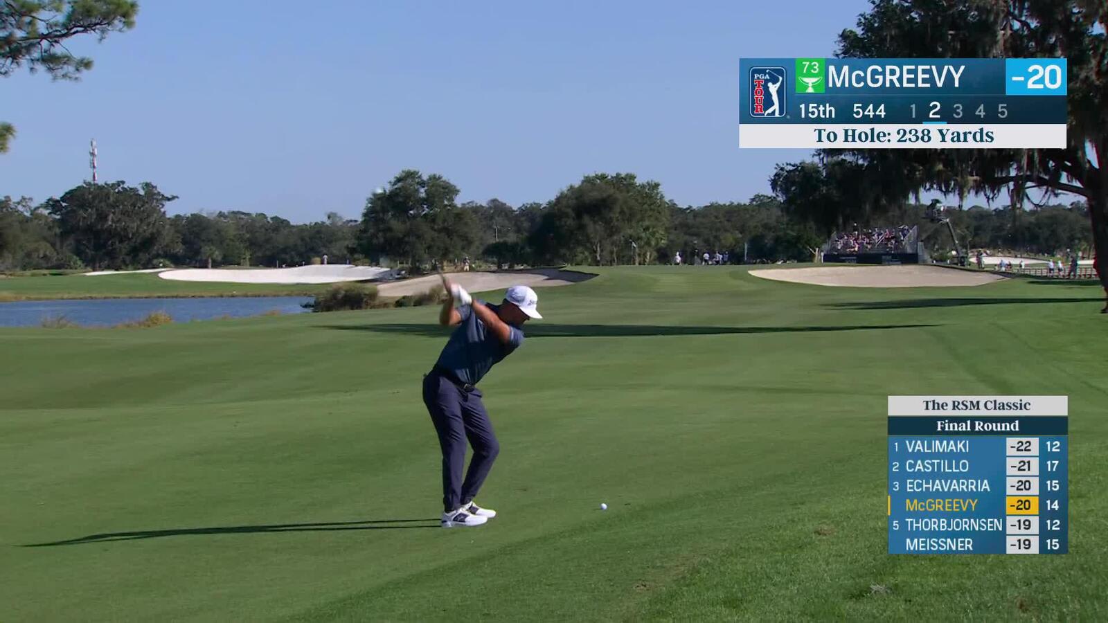 Max McGreevy hits 223-yard approach to 44 feet, sets up birdie on No. 15 at The RSM Classic