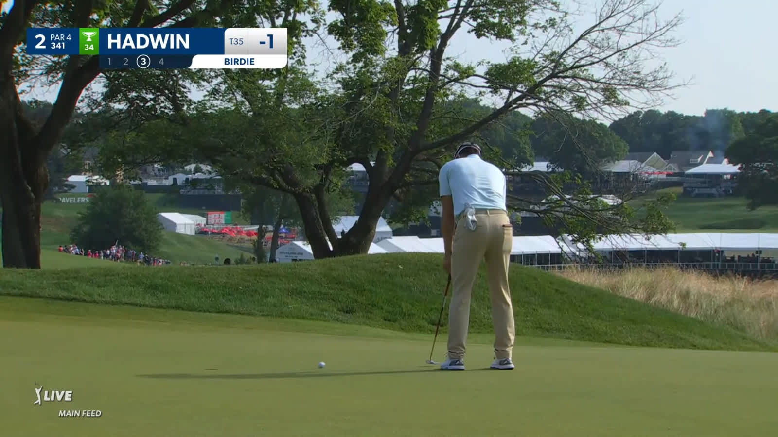 Adam Hadwin sends in short birdie putt at Travelers