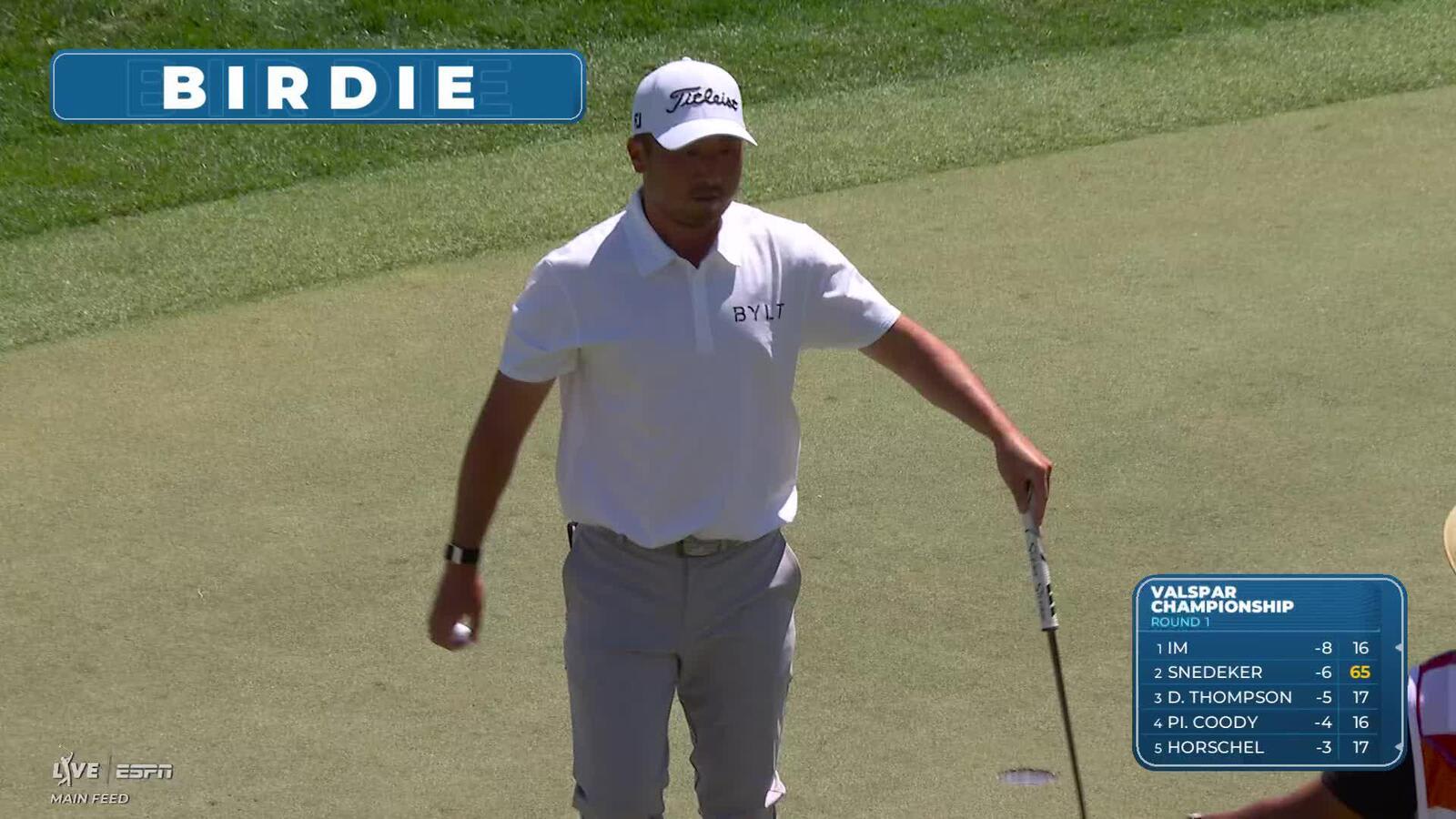 Doug Ghim rolls in 8-foot birdie putt on No. 12 at Valspar