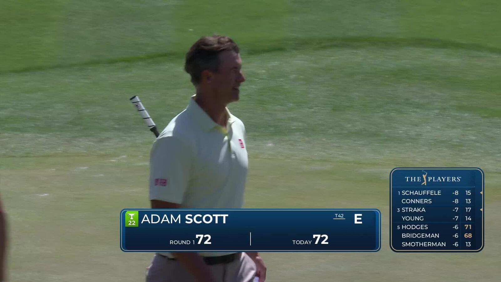 Adam Scott rolls in 4-foot putt for birdie on No. 9 at THE PLAYERS