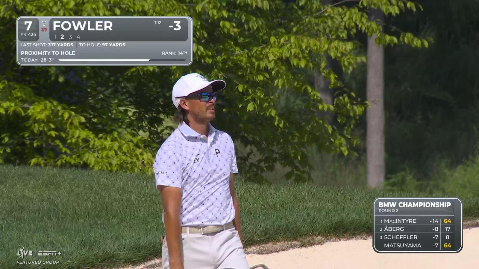 Rickie Fowler's approach from the bunker sets up birdie at BMW Championship