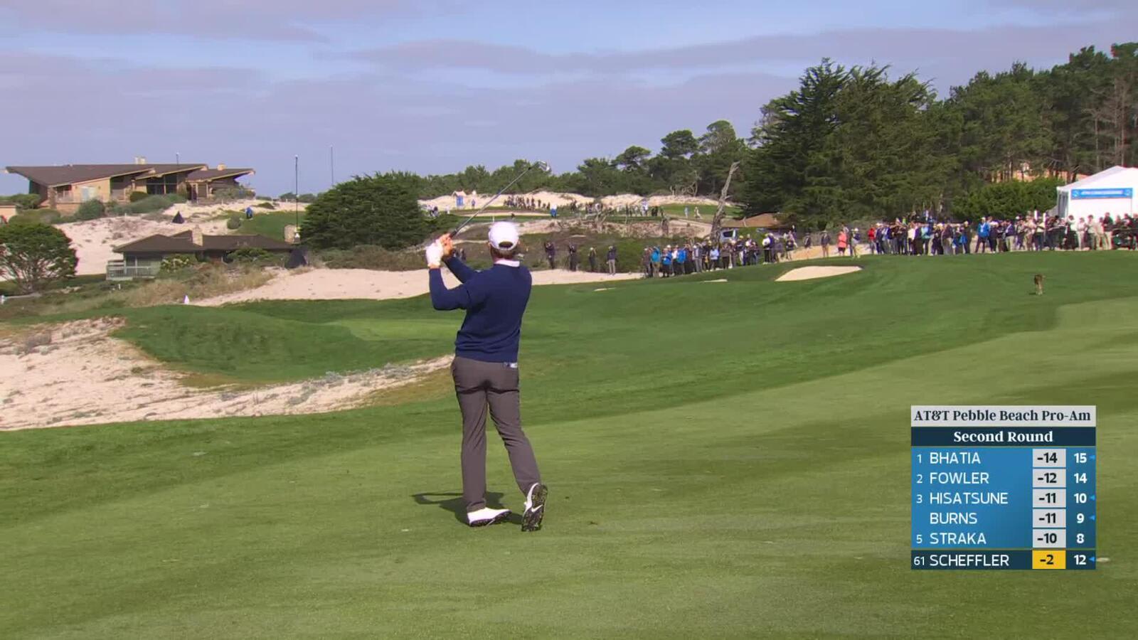 Scottie Scheffler holes out from 15 feet for birdie on No. 4 at Pebble Beach