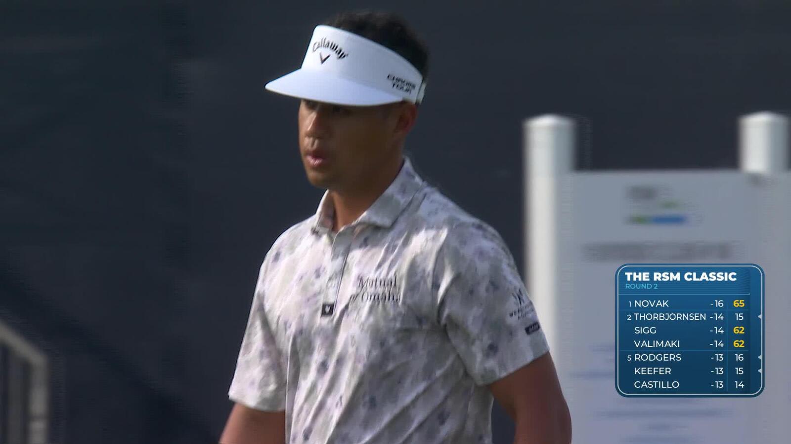 Isaiah Salinda sinks 21-foot birdie putt on No. 18 at The RSM Classic