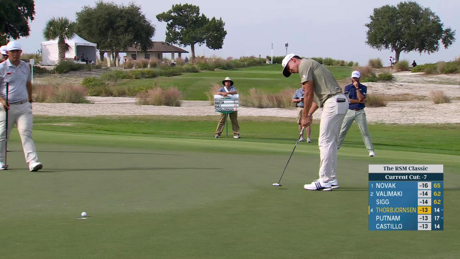 Michael Thorbjornsen sinks 12-foot birdie putt on No. 6 at The RSM Classic