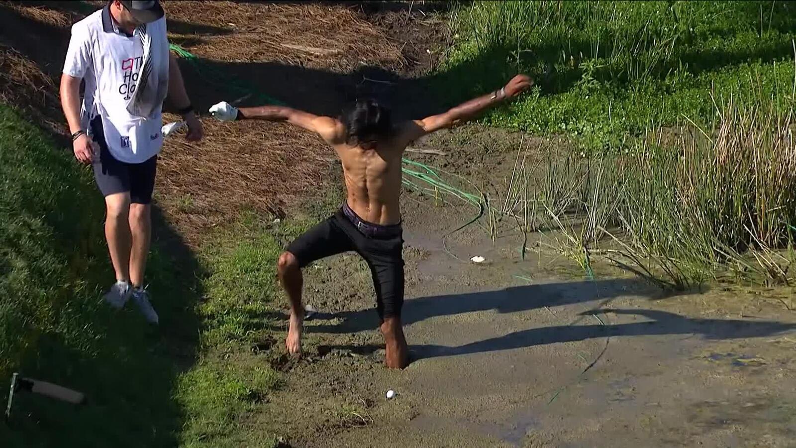 Akshay Bhatia’s near spill in the mud on No. 15 at Honda