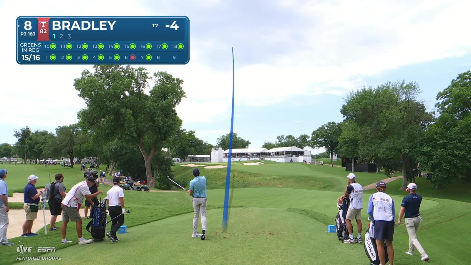 Keegan Bradley sinks 18-foot putt for birdie on No. 8 at Charles Schwab