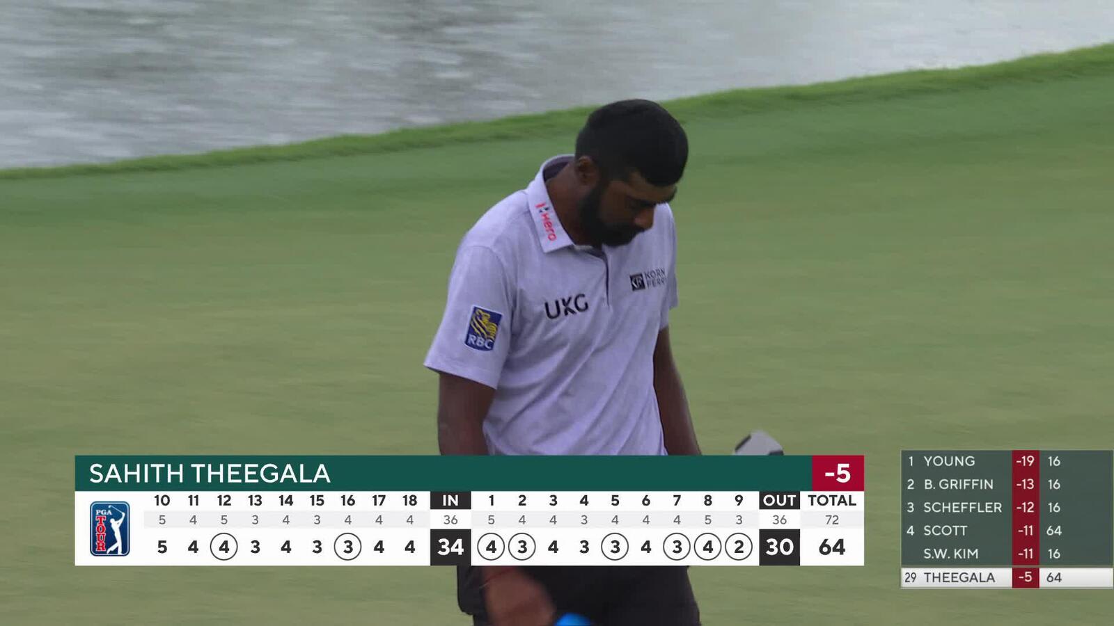 Sahith Theegala sinks 18-foot birdie putt on No. 9 at Cadillac
