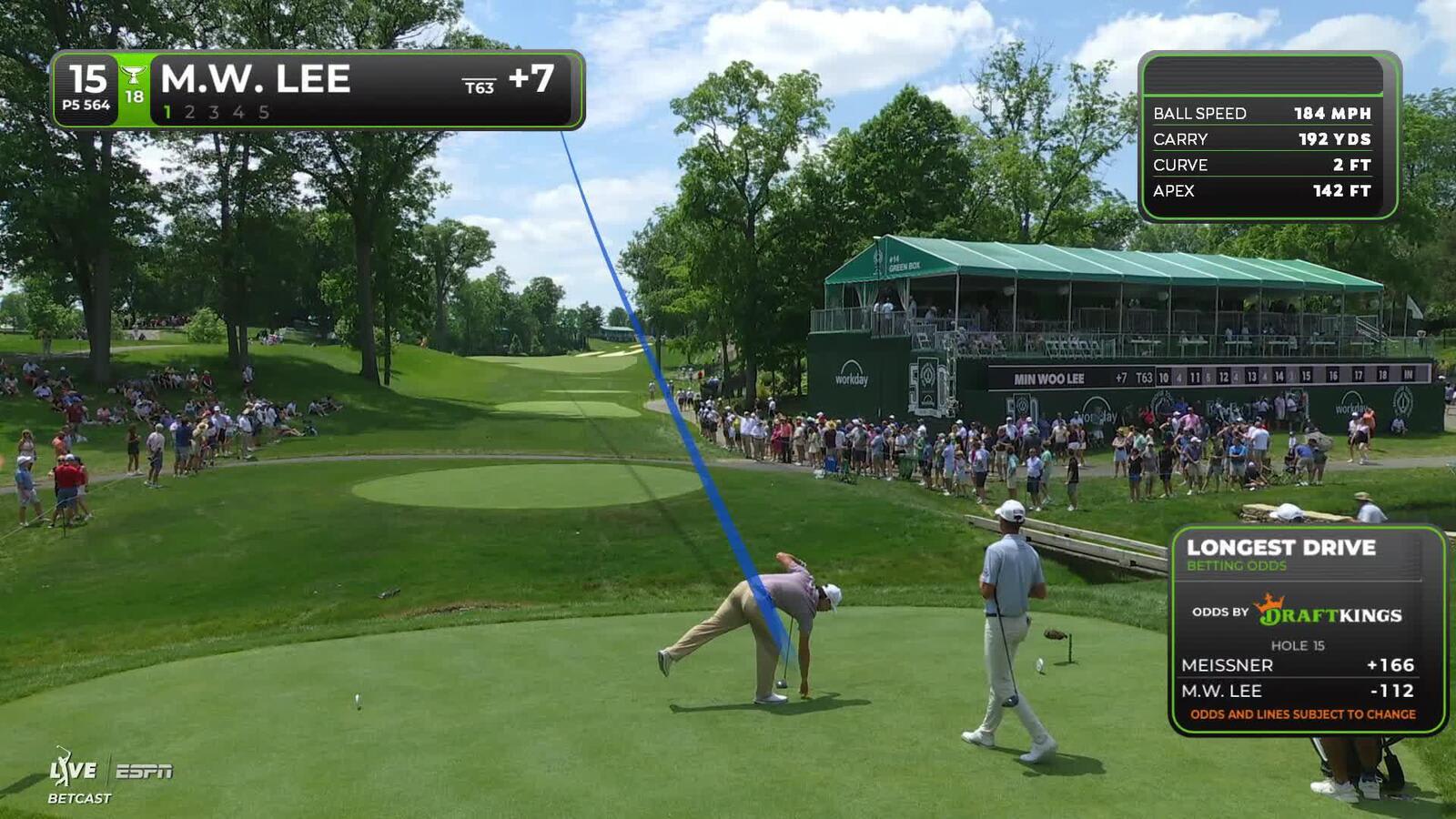 Min Woo Lee holes 18-foot shot from rough for eagle on No. 15 at the Memorial