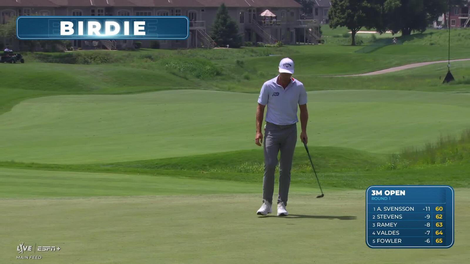 Sam Burns holes out for birdie from 16-feet on No. 5 at 3M Open
