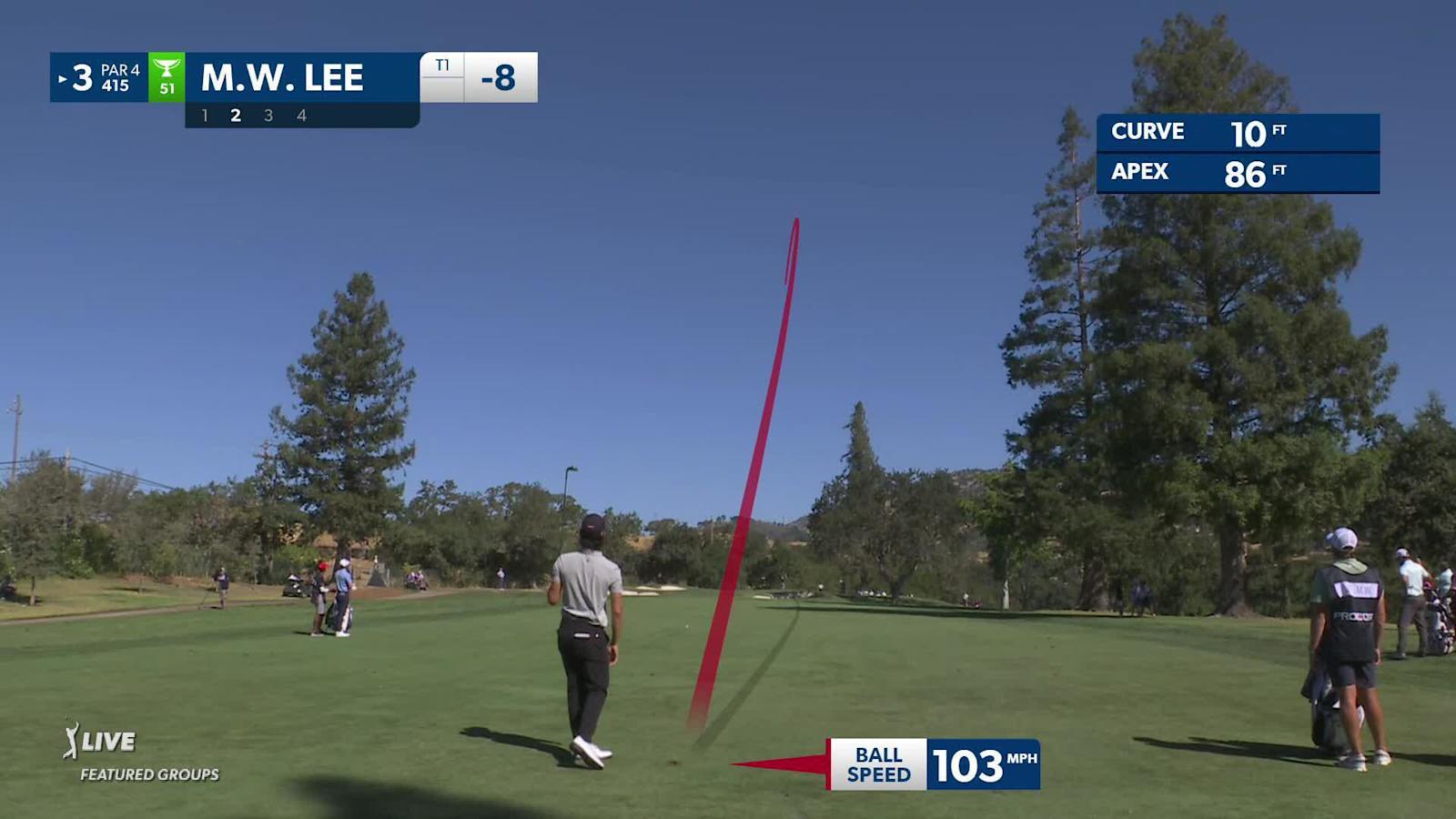 Min Woo Lee approaches green to pin-high and birdies at Procore