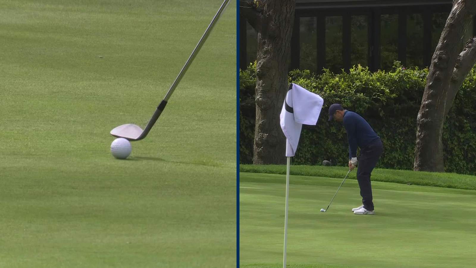 Rory McIlroy hits chip from on green, over bunker at The Genesis
