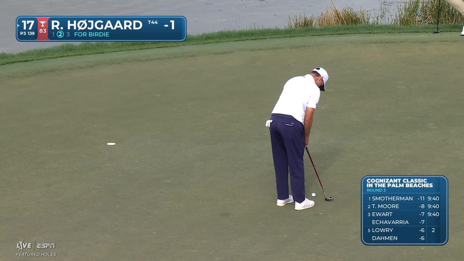 Rasmus Højgaard sinks 11-foot birdie putt on No. 17 at Cognizant Classic