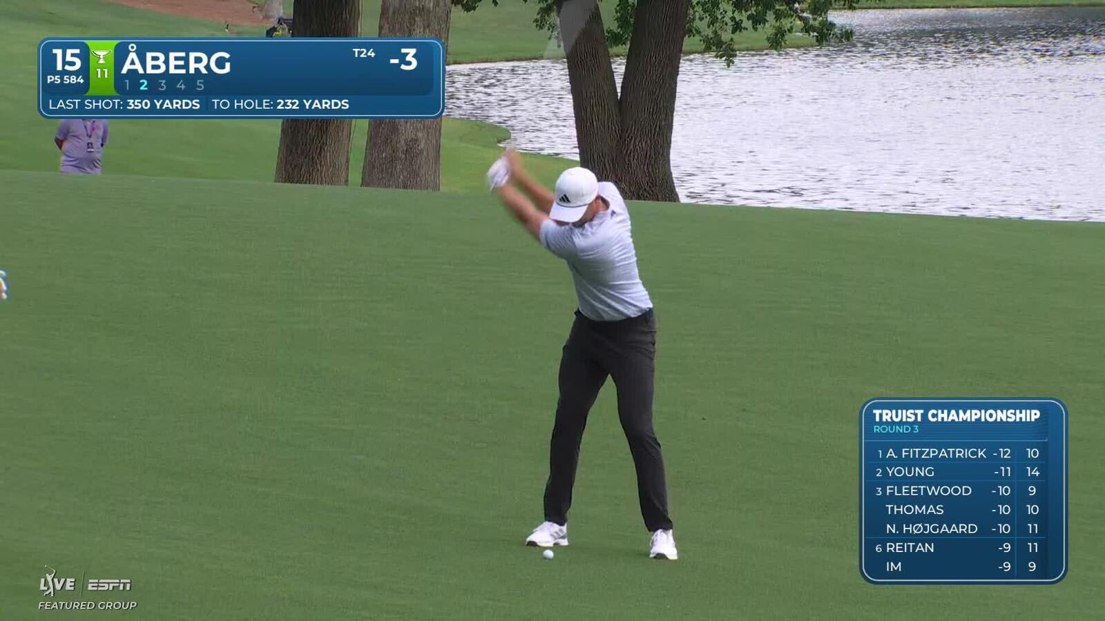 Ludvig Åberg gets up-and-down from 63 yards for birdie on No. 15 at Truist Championship