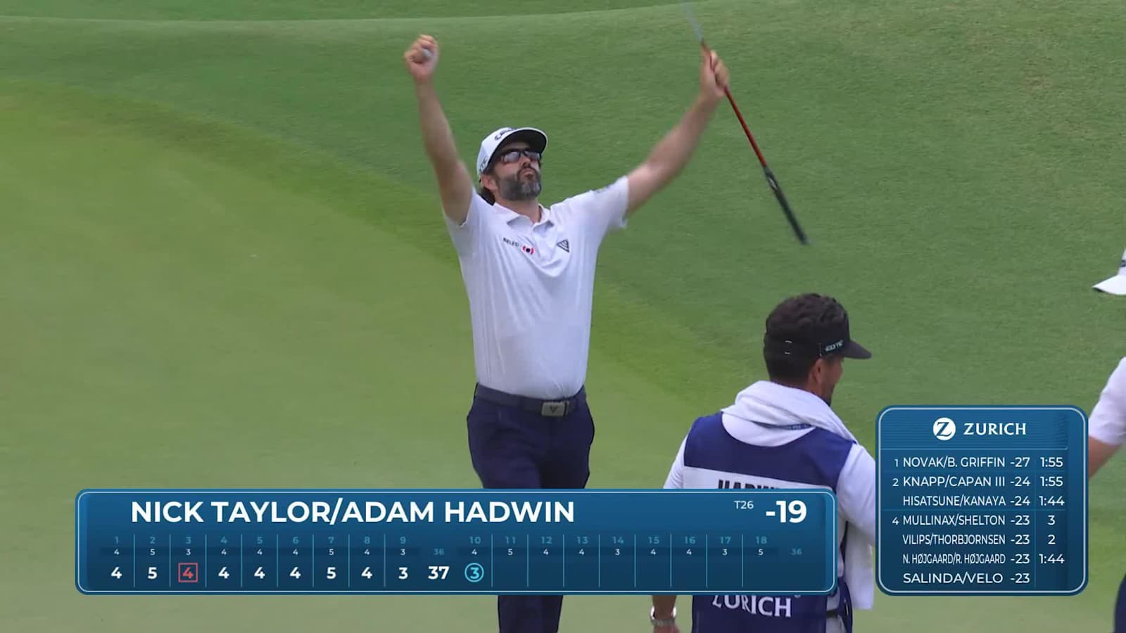 Team Adam Hadwin/Nick Taylor makes birdie on No. 10 at Zurich Classic