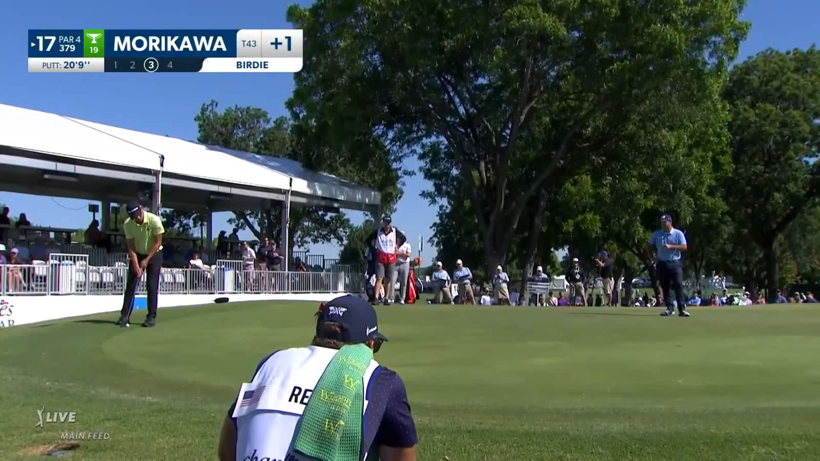 Collin Morikawa's 21-footer from fringe drops for birdie at Charles Schwab