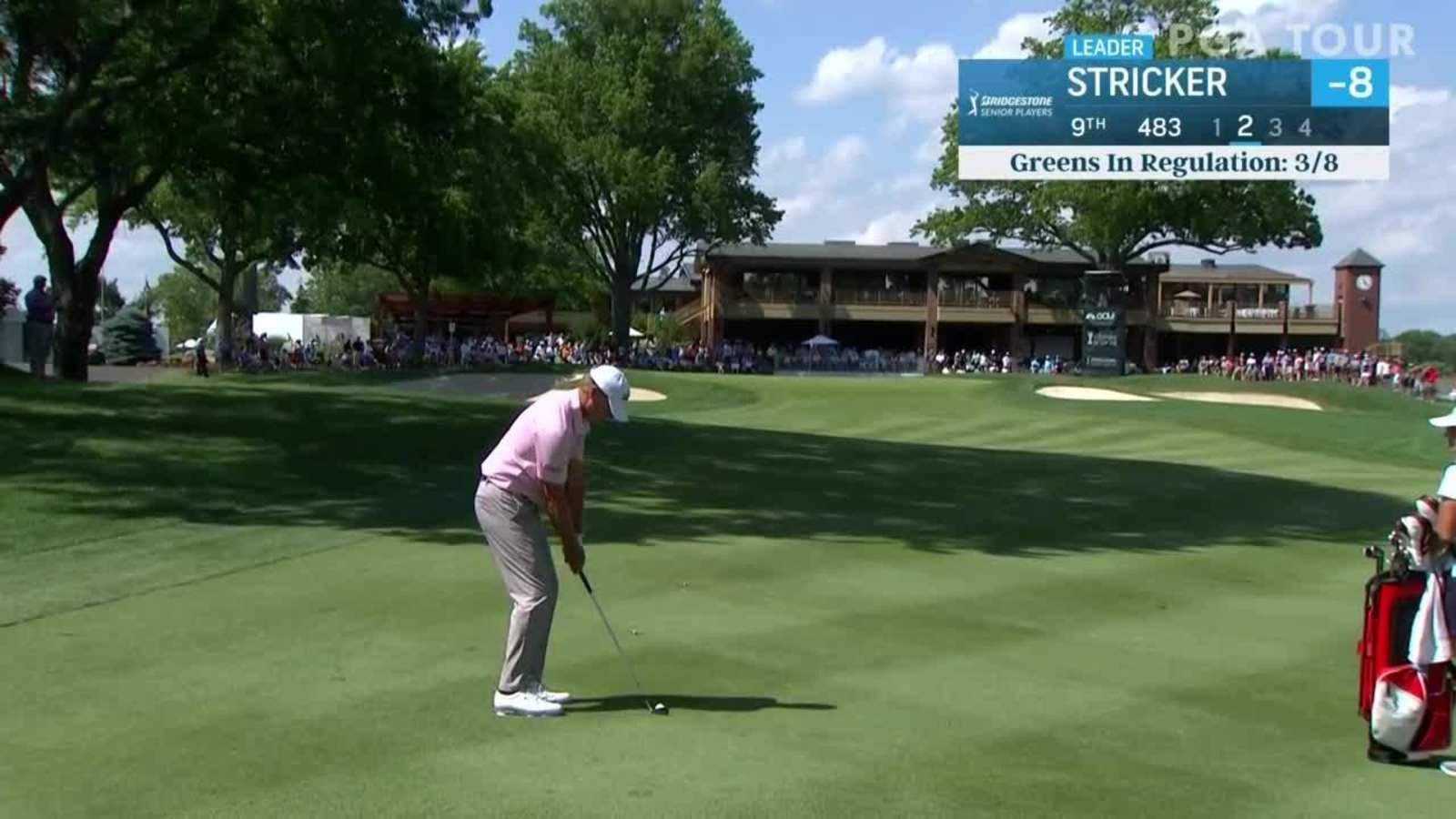 Steve Stricker makes a birdie on No. 9 at SENIOR PLAYERS