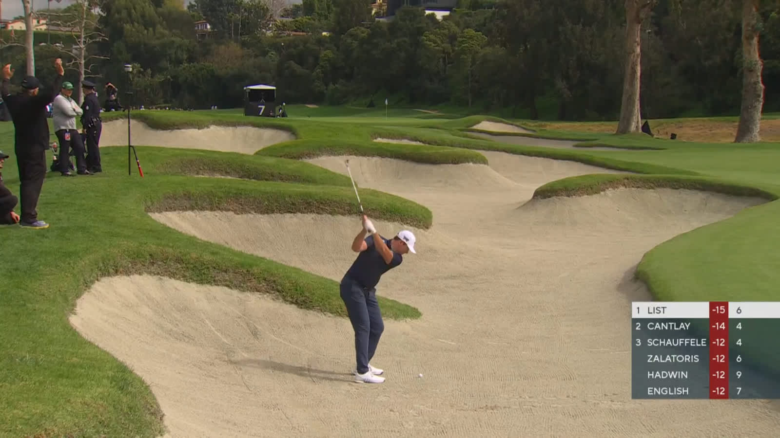 Luke List's excellent 169-yard fairway bunker shot settles 6 feet from the cup at Genesis