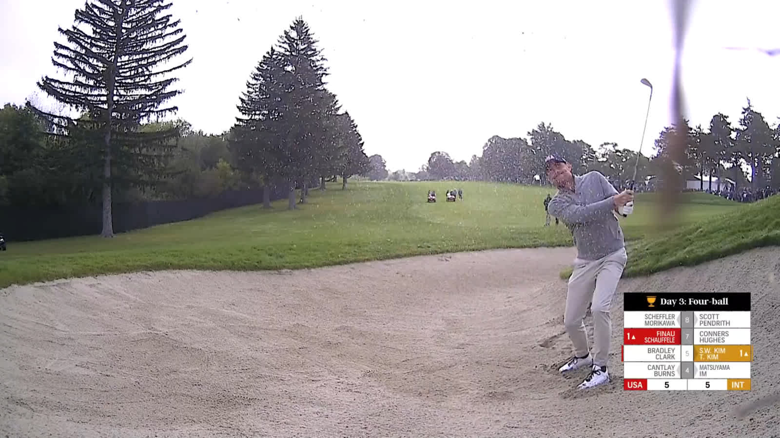 Keegan Bradley gets up-and-down from bunker for birdie at Presidents Cup
