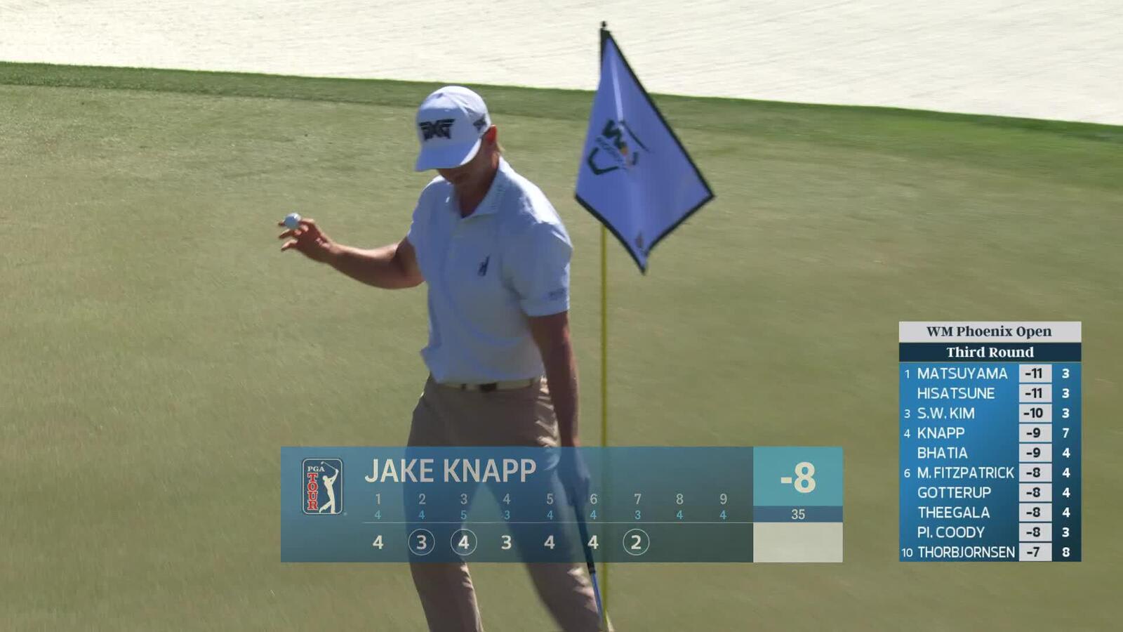 Jake Knapp holes 28-foot chip shot for birdie on No. 7 at WM Phoenix Open