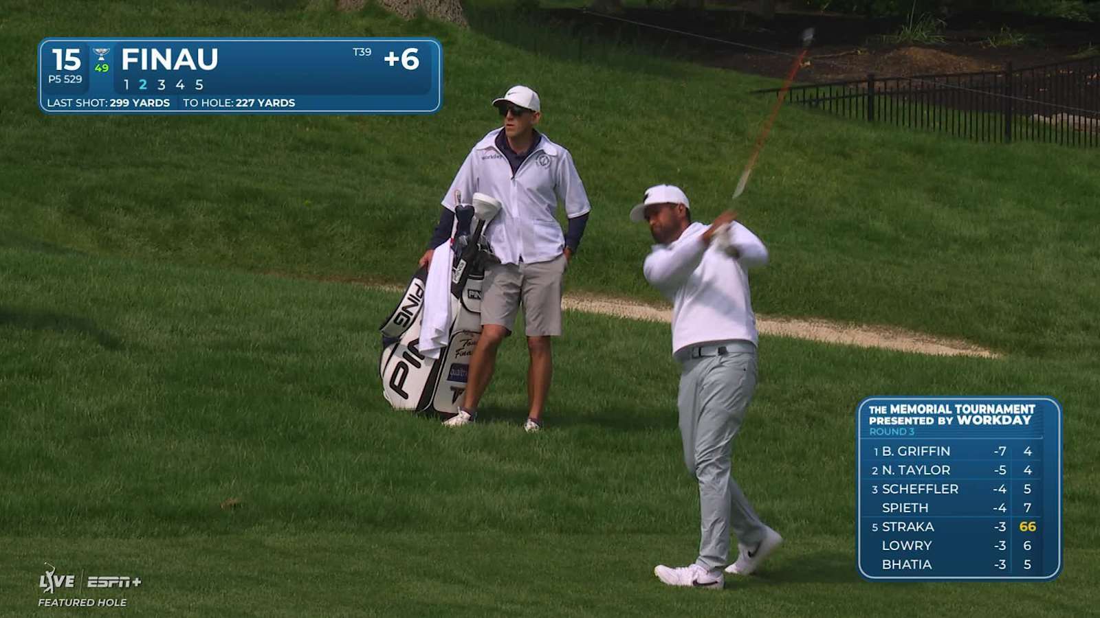 Tony Finau putts one-handed, walks in birdie putt at the Memorial