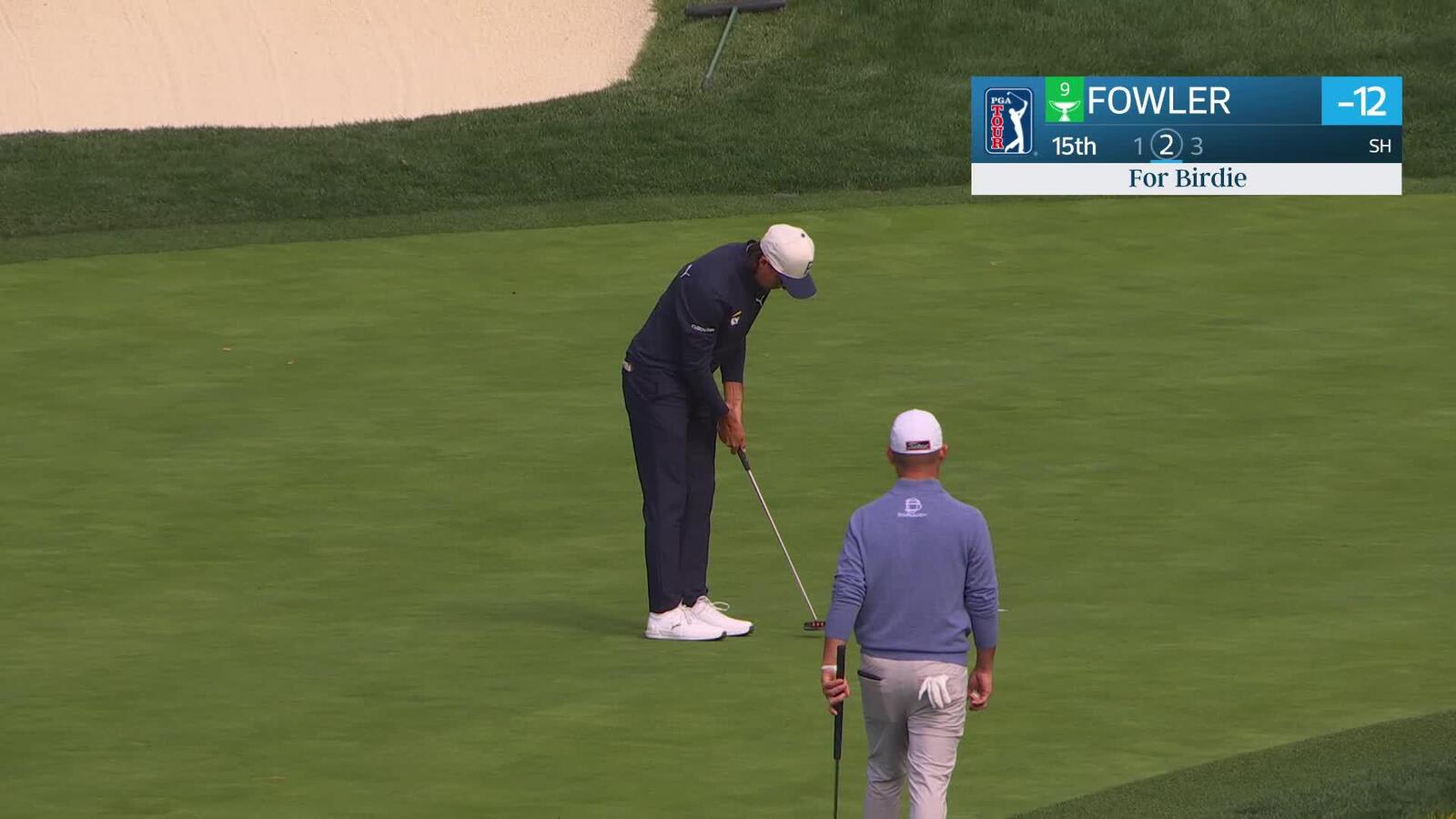 Rickie Fowler pours in 5-foot birdie putt on No. 15 at Pebble Beach