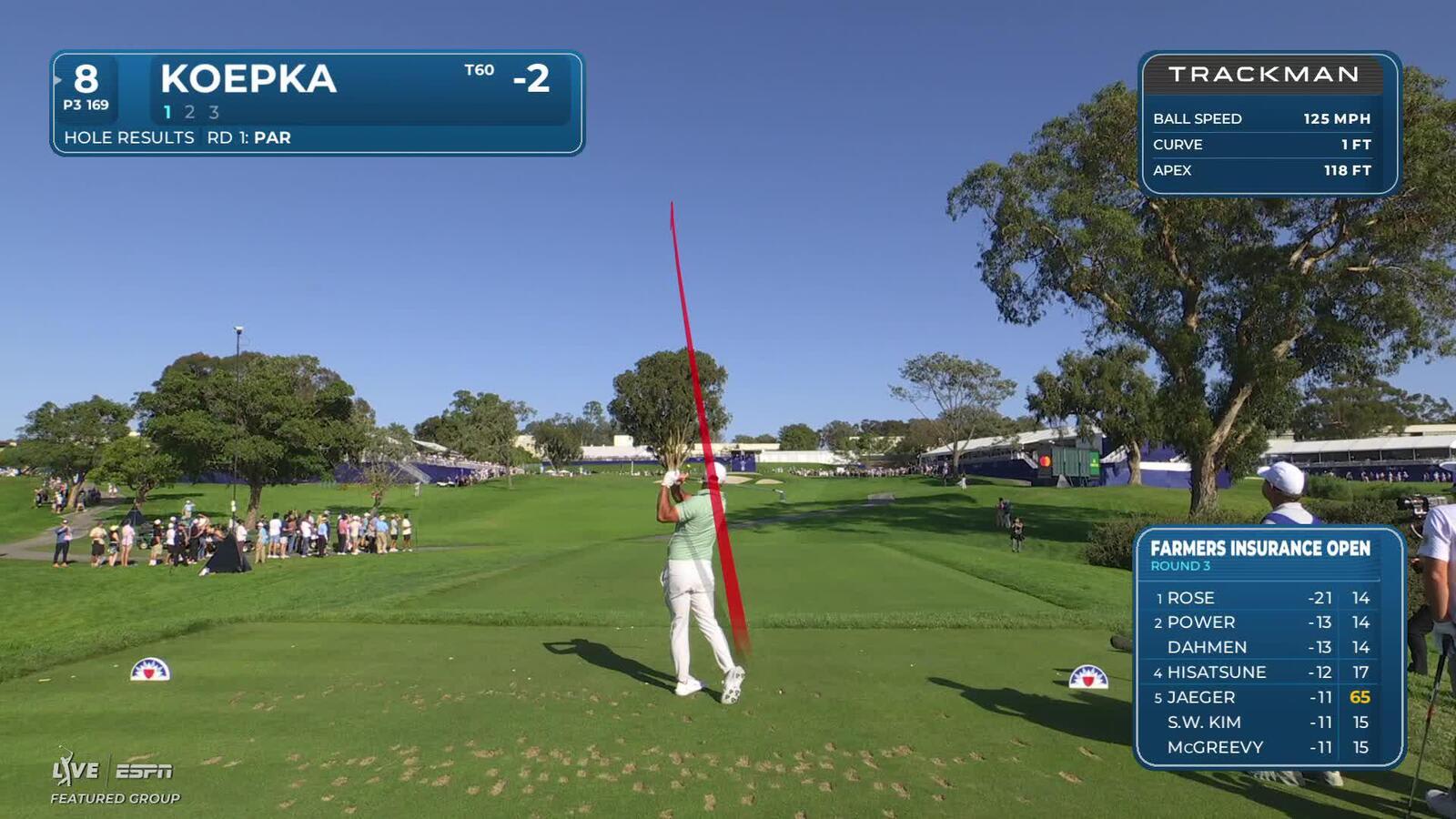 Brooks Koepka chips in from 28 feet for birdie on No. 8 at Farmers