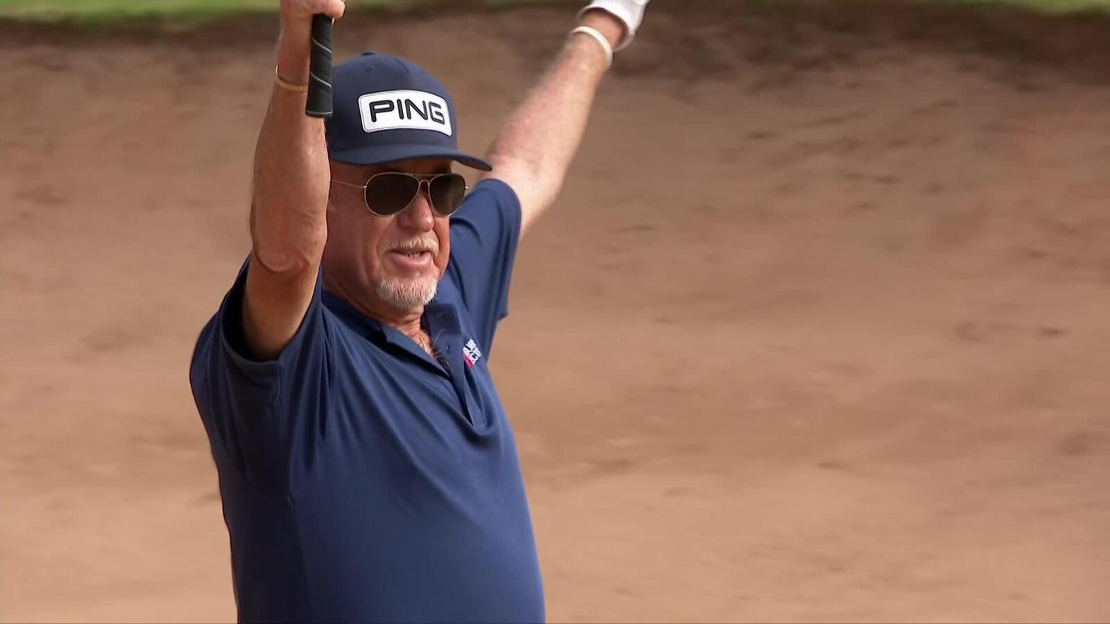 Miguel Angel Jiménez holes his bunker shot for eagle at Trophy Hassan II