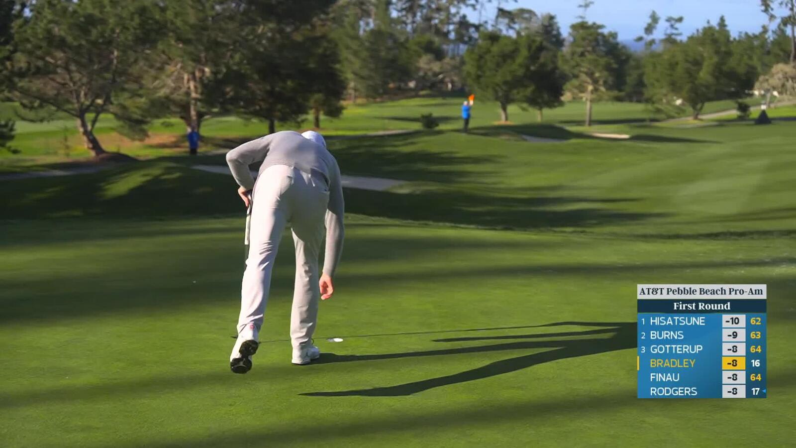 Keegan Bradley sinks 13-foot birdie putt on No. 17 at AT&T Pebble Beach