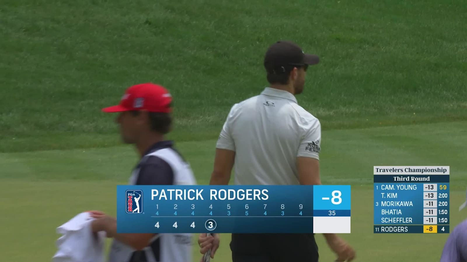 Patrick Rodgers sinks a 22-foot birdie putt on No. 4 at Travelers