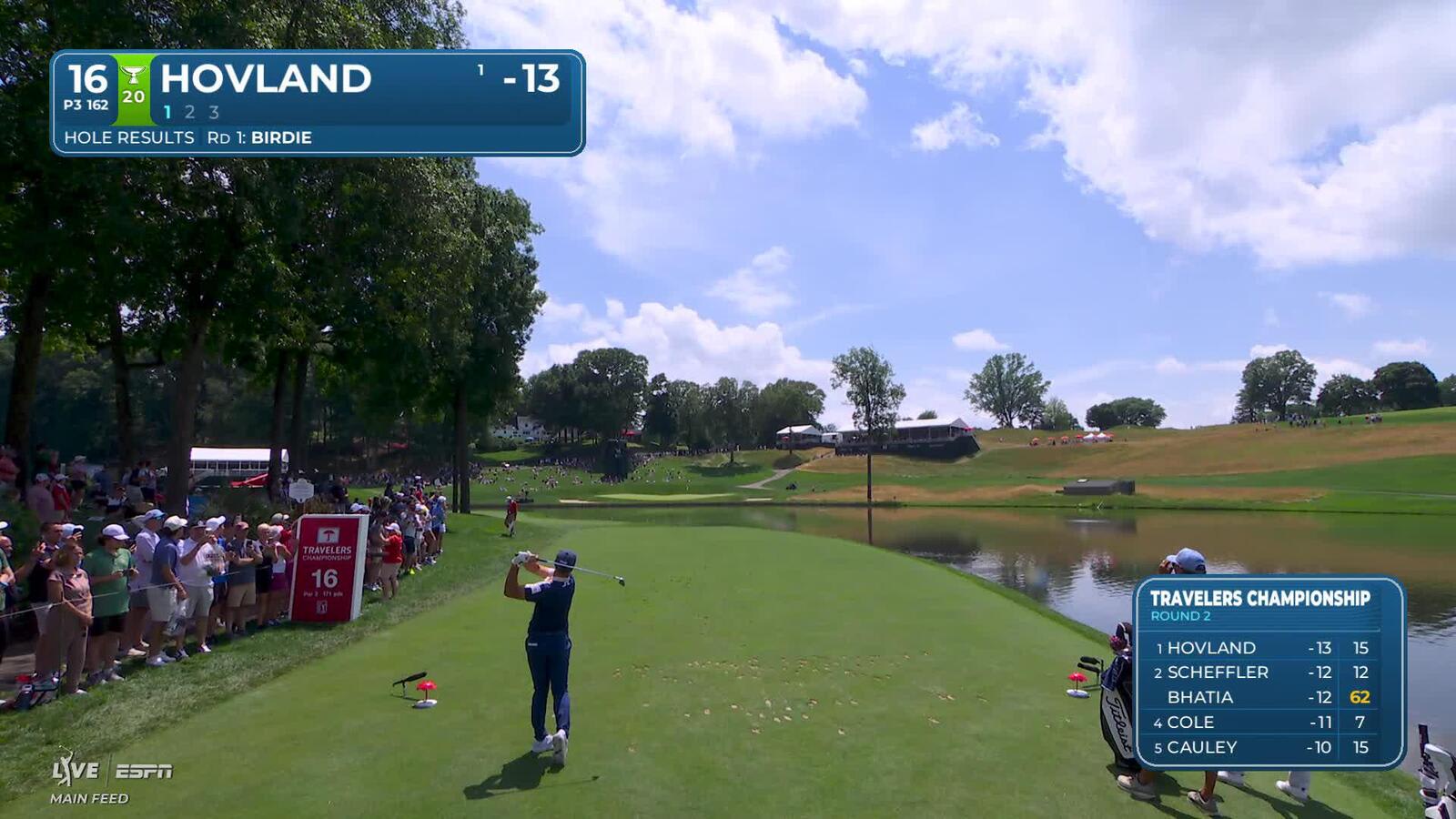 Viktor Hovland drains 18-foot putt for birdie on No. 16 at Travelers