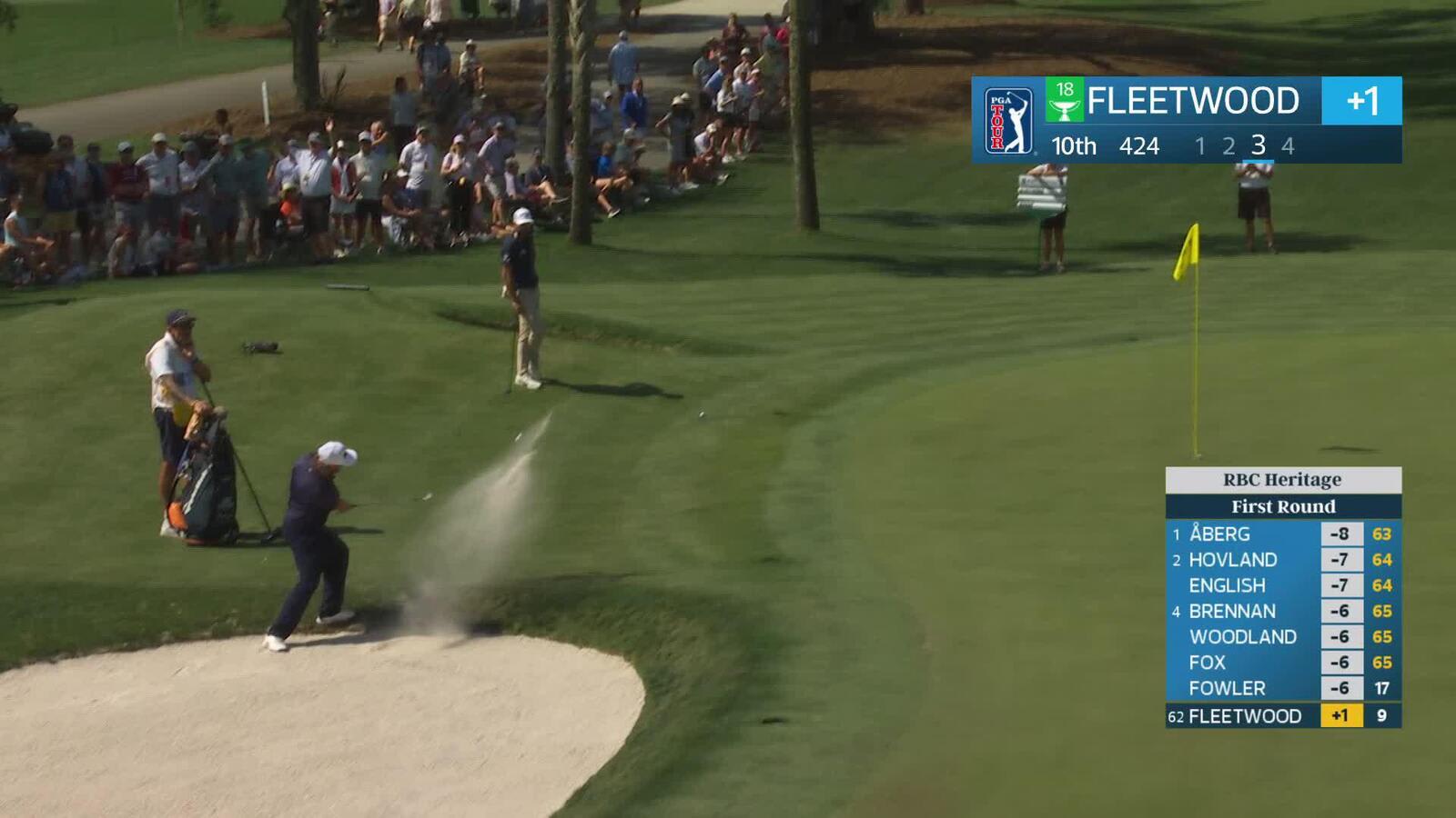 Tommy Fleetwood holes 33-foot greenside bunker shot for birdie on No. 10 at RBC Heritage
