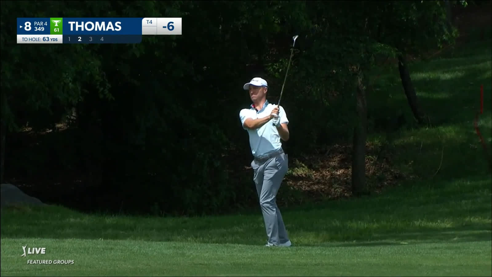 Justin Thomas's approach from the rough sets up birdie at Wells Fargo