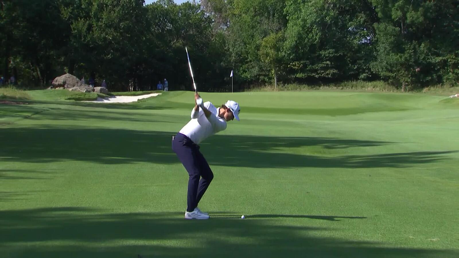 Adrien Dumont de Chassart chips in from just off the green for birdie at Compliance Solutions