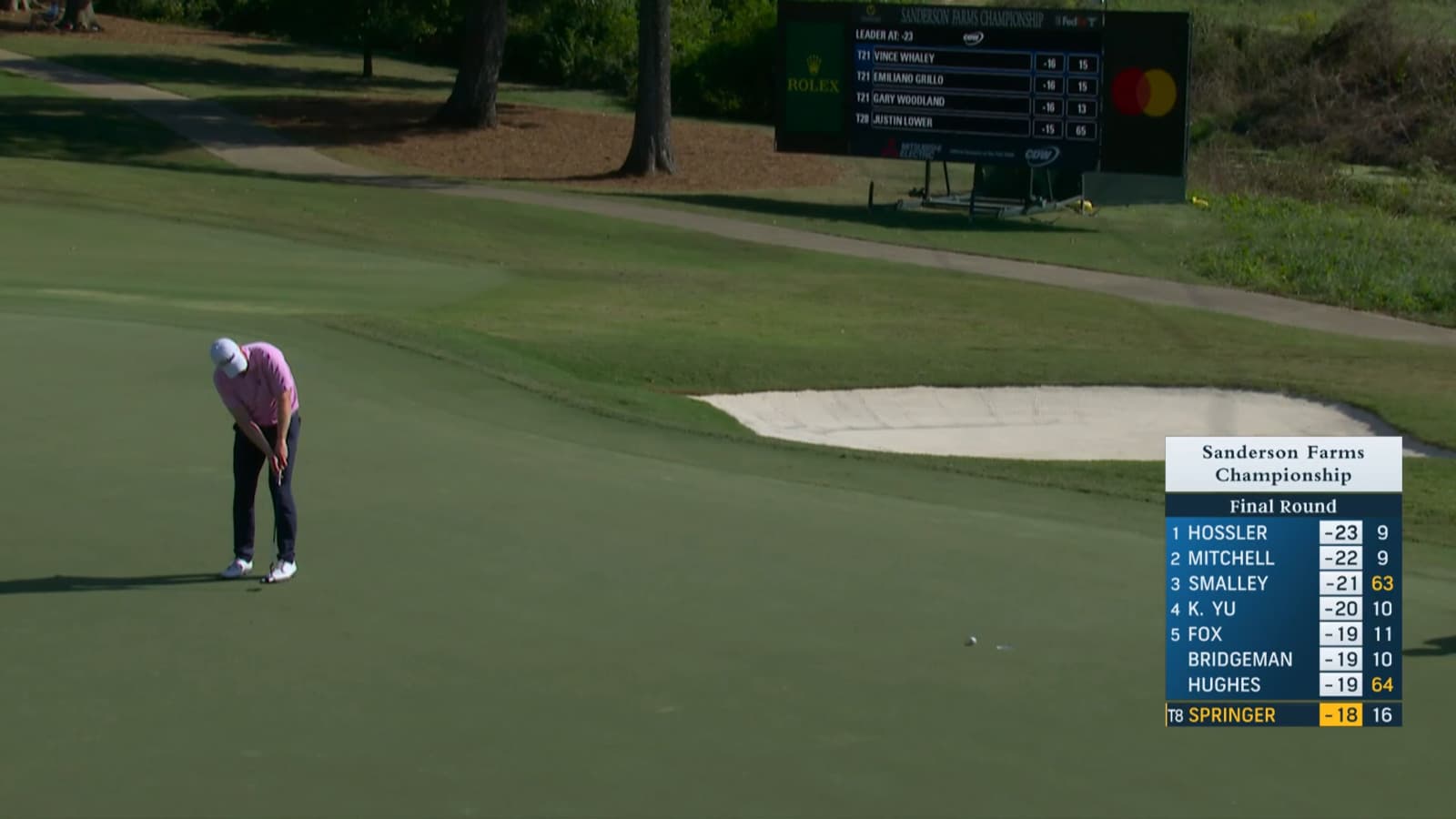 Hayden Springer holes a 16-footer for birdie at Sanderson Farms