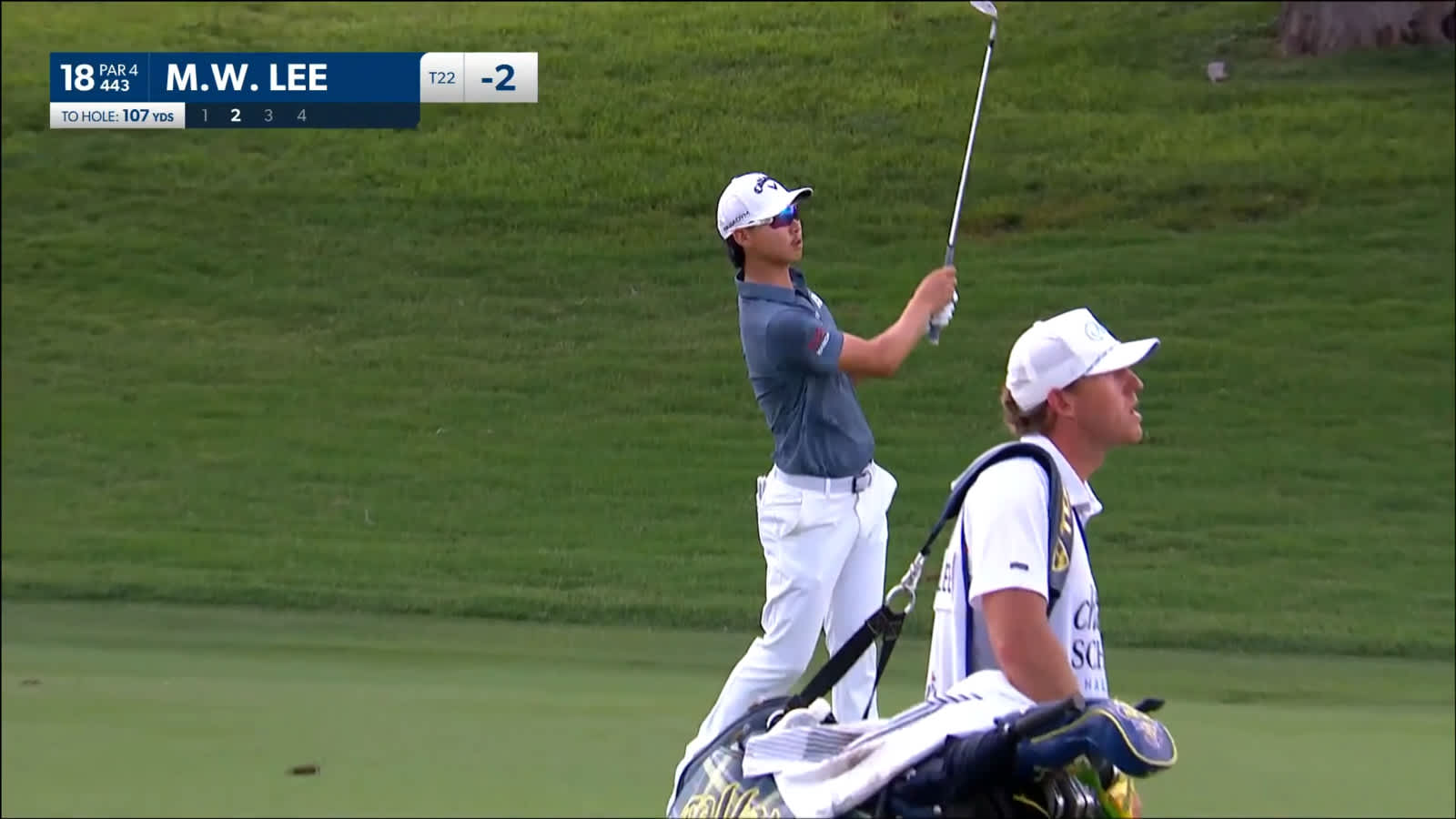 Min Woo Lee dials in approach from 107-yards at Charles Schwab