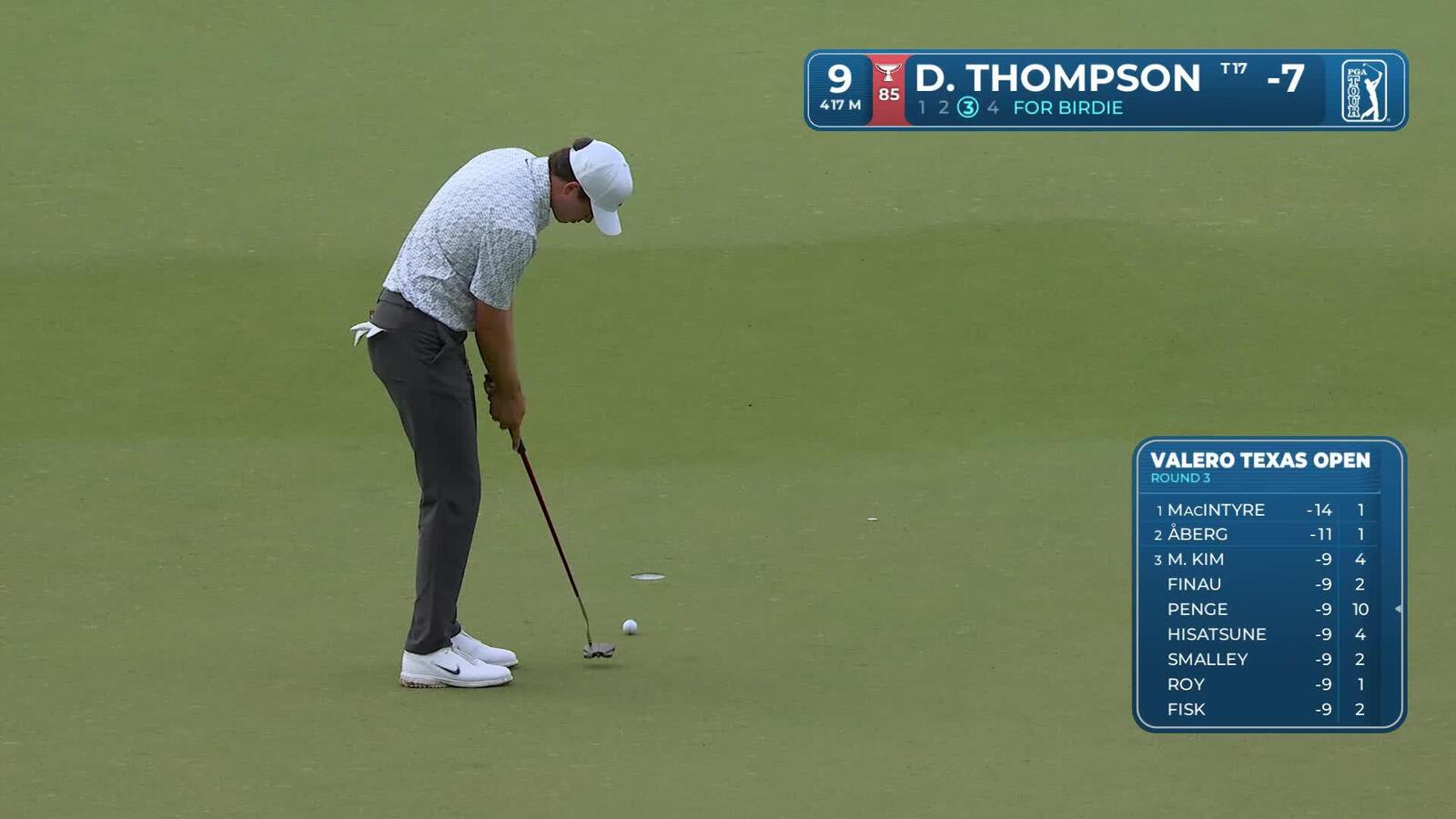 Davis Thompson drains 5-foot birdie putt on No. 9 at Valero