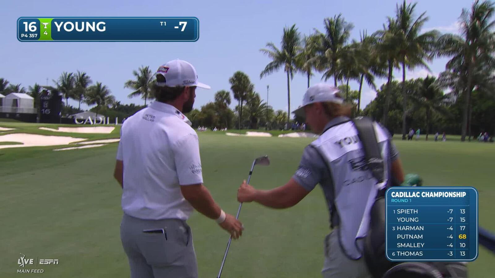 Cameron Young gets up-and-down from 130 yards for birdie on No. 16 at Cadillac