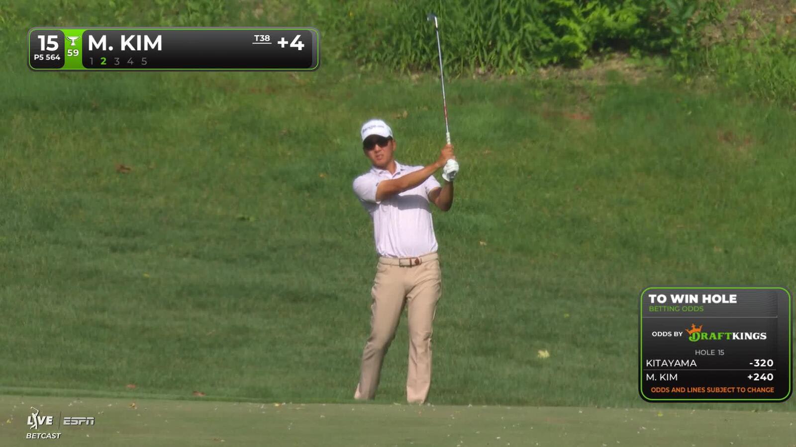 Michael Kim gets up-and-down from 100 yards for birdie on No. 15 at the Memorial