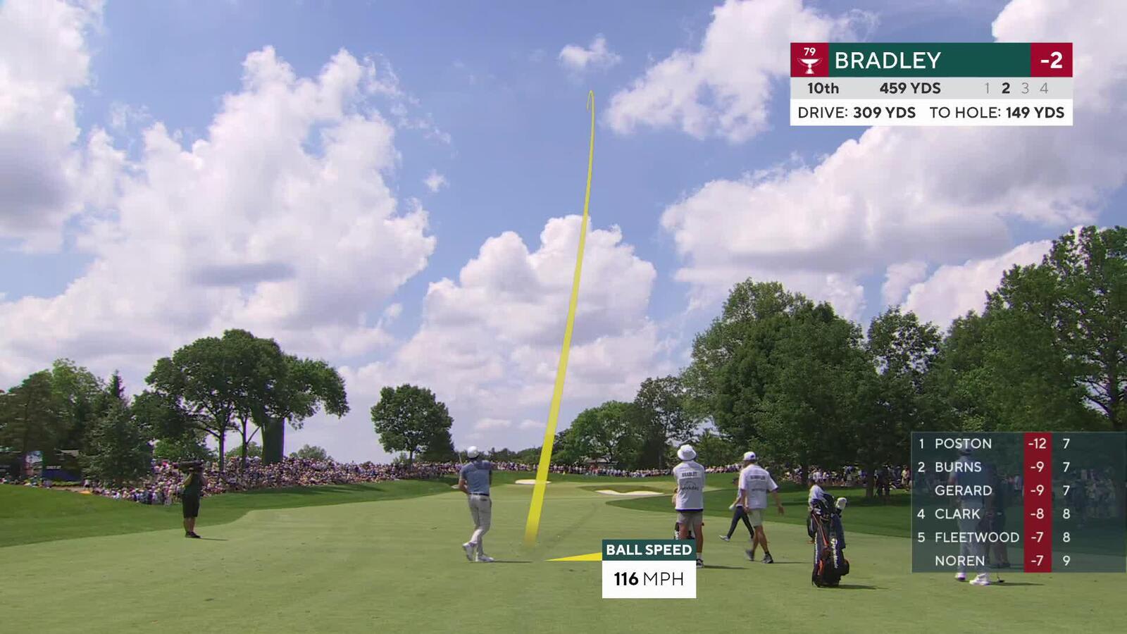 Keegan Bradley gets up-and-down from 148 yards for birdie on No. 10 at the Memorial