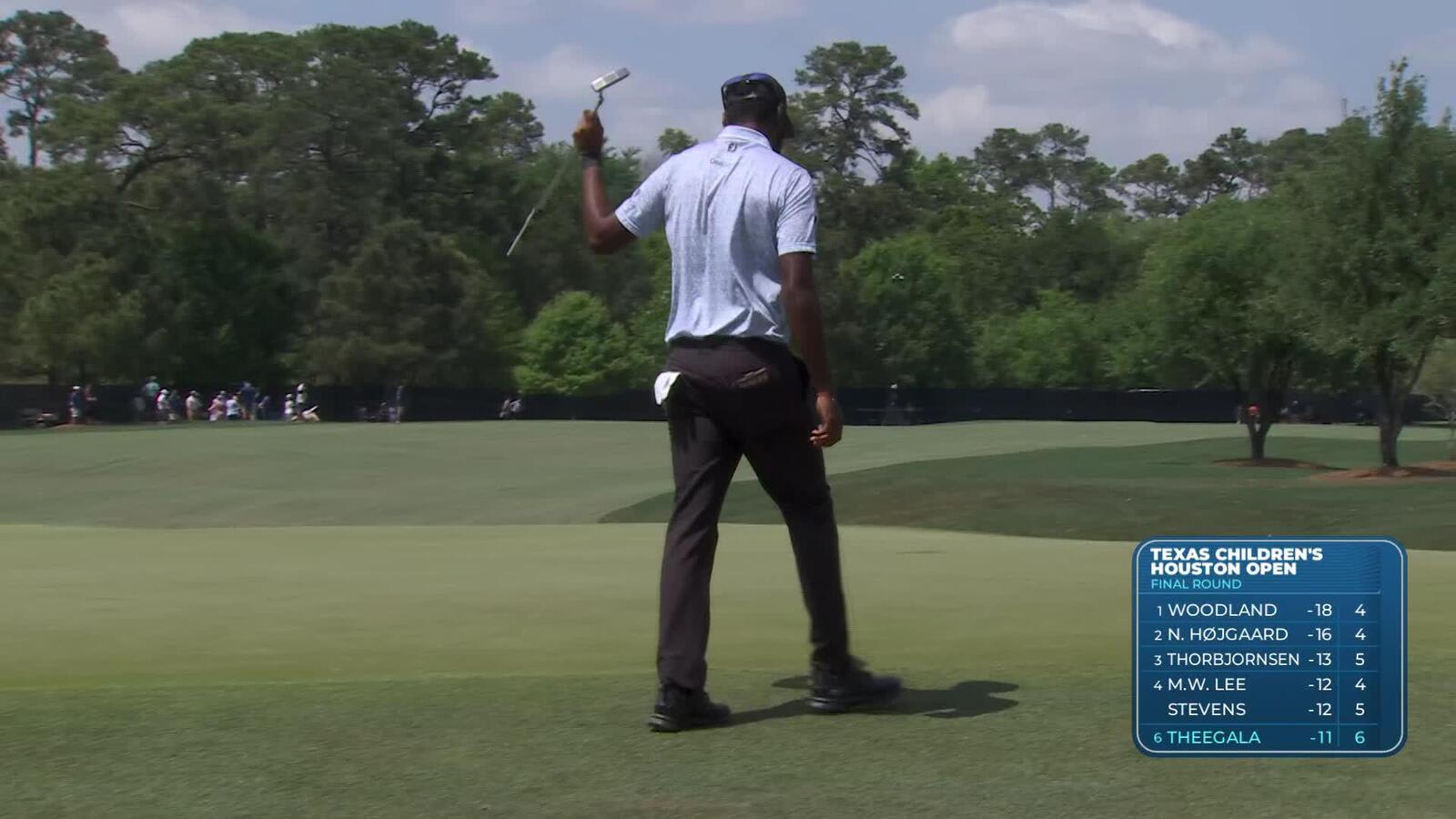 Sahith Theegala holes out 46-foot birdie putt on No. 6 at Texas Children's