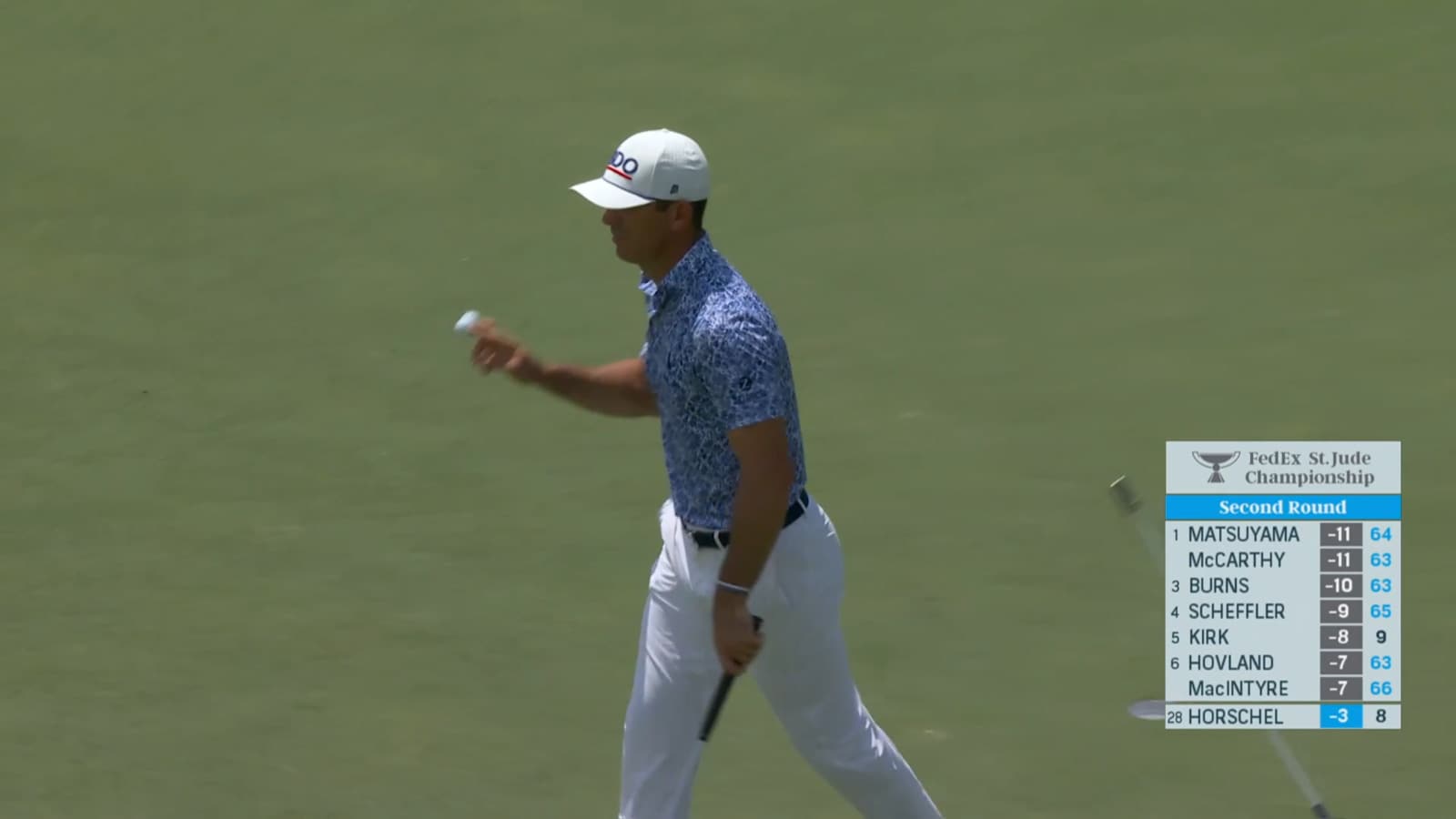 Billy Horschel brushes in a putt for birdie at FedEx St. Jude