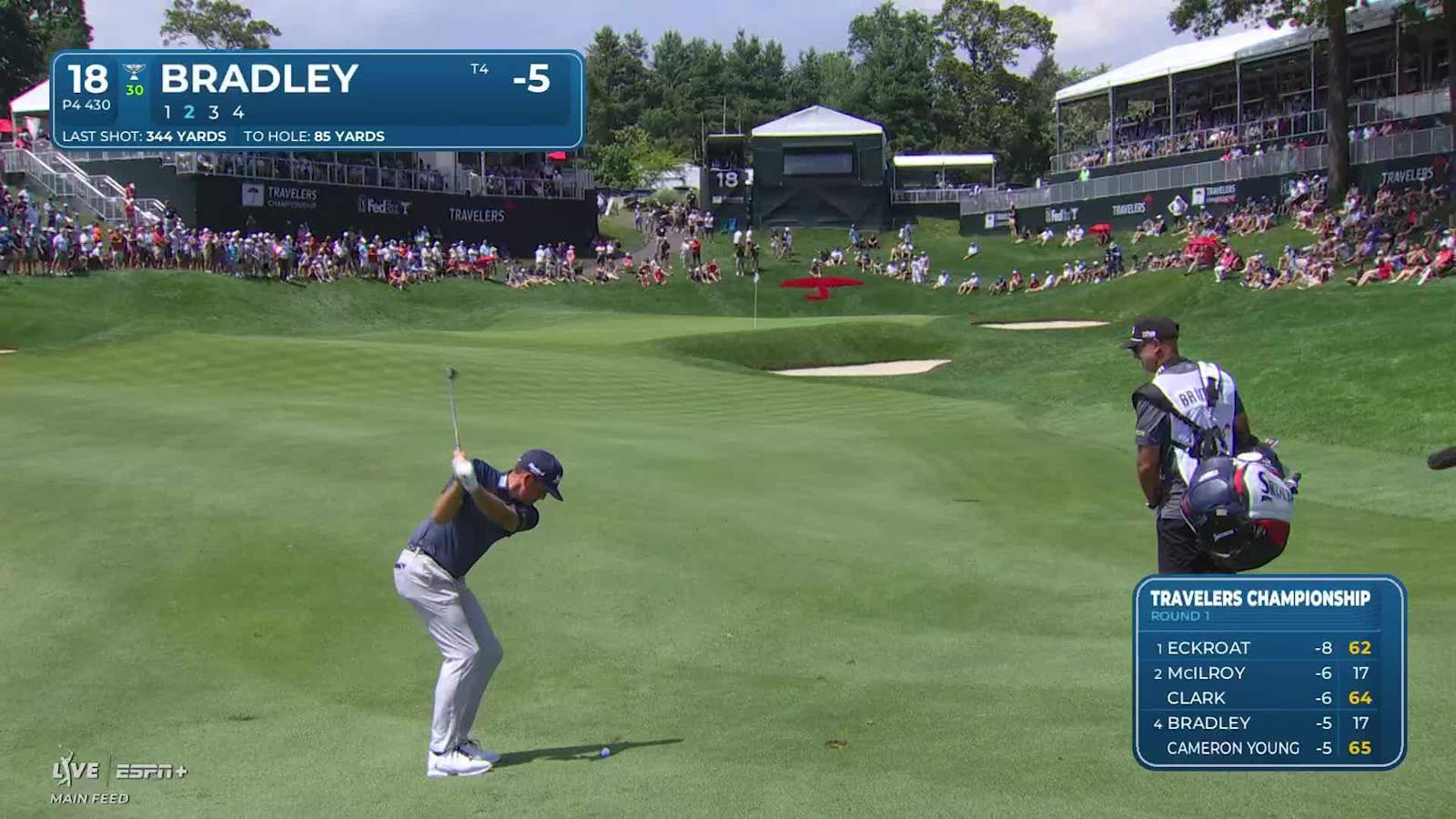 Keegan Bradley makes birdie on No. 18 at Travelers