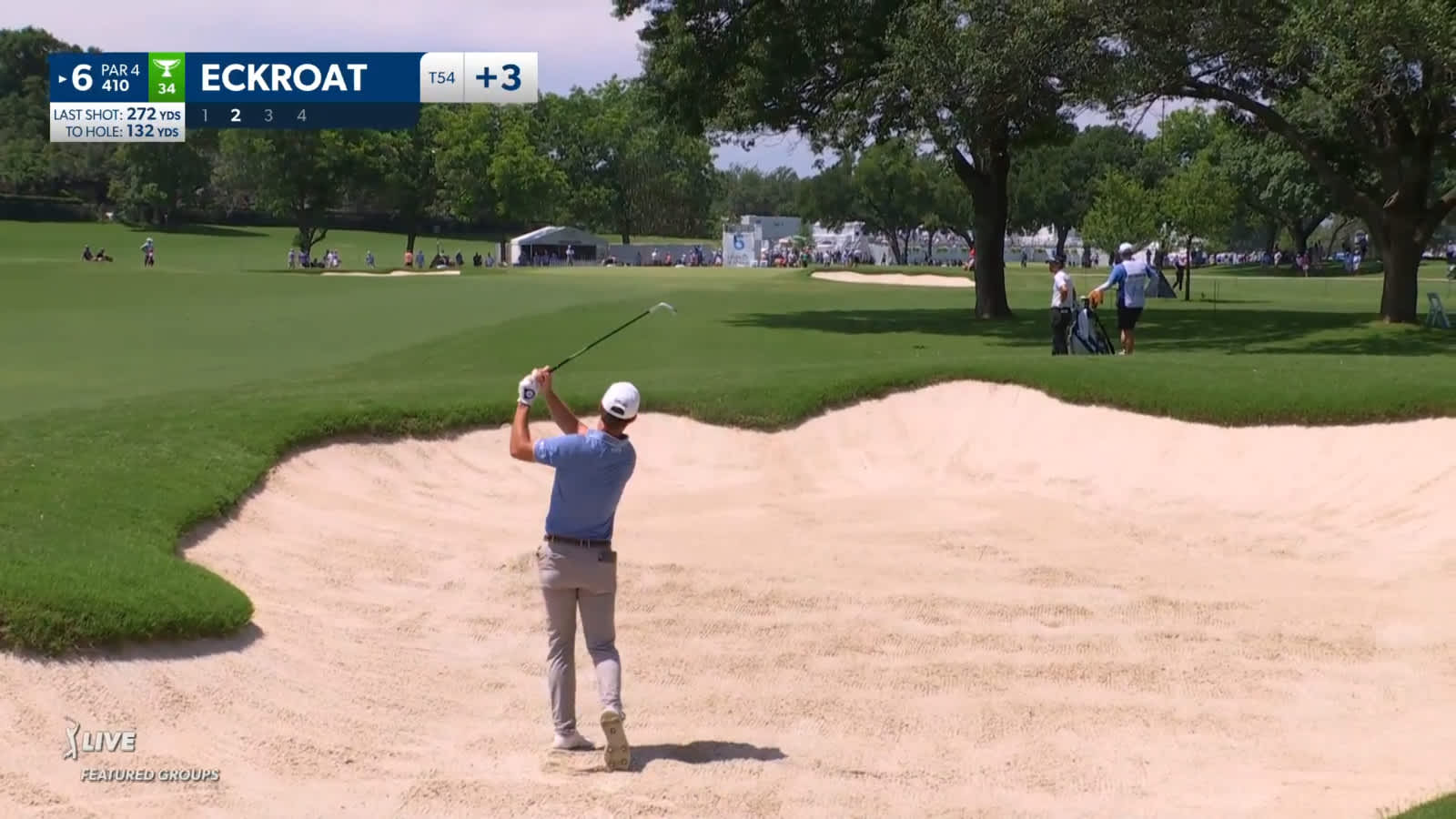 Austin Eckroat hits the flagstick from fairway bunker at Charles Schwab
