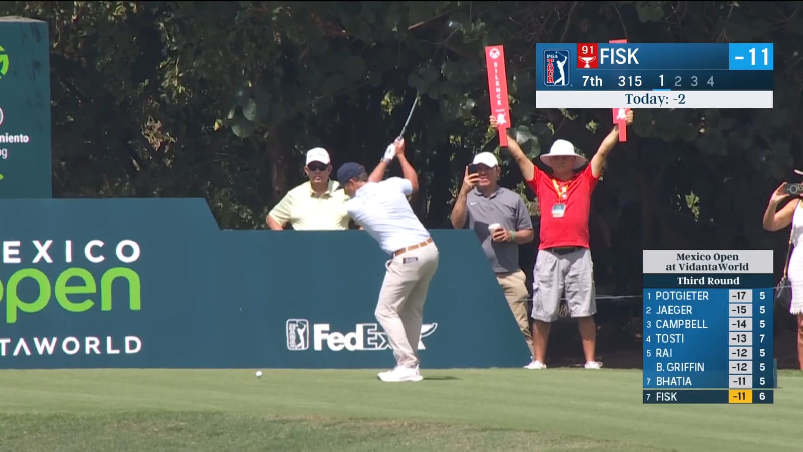 Steven Fisk drives the green and holes eagle putt at Mexico Open